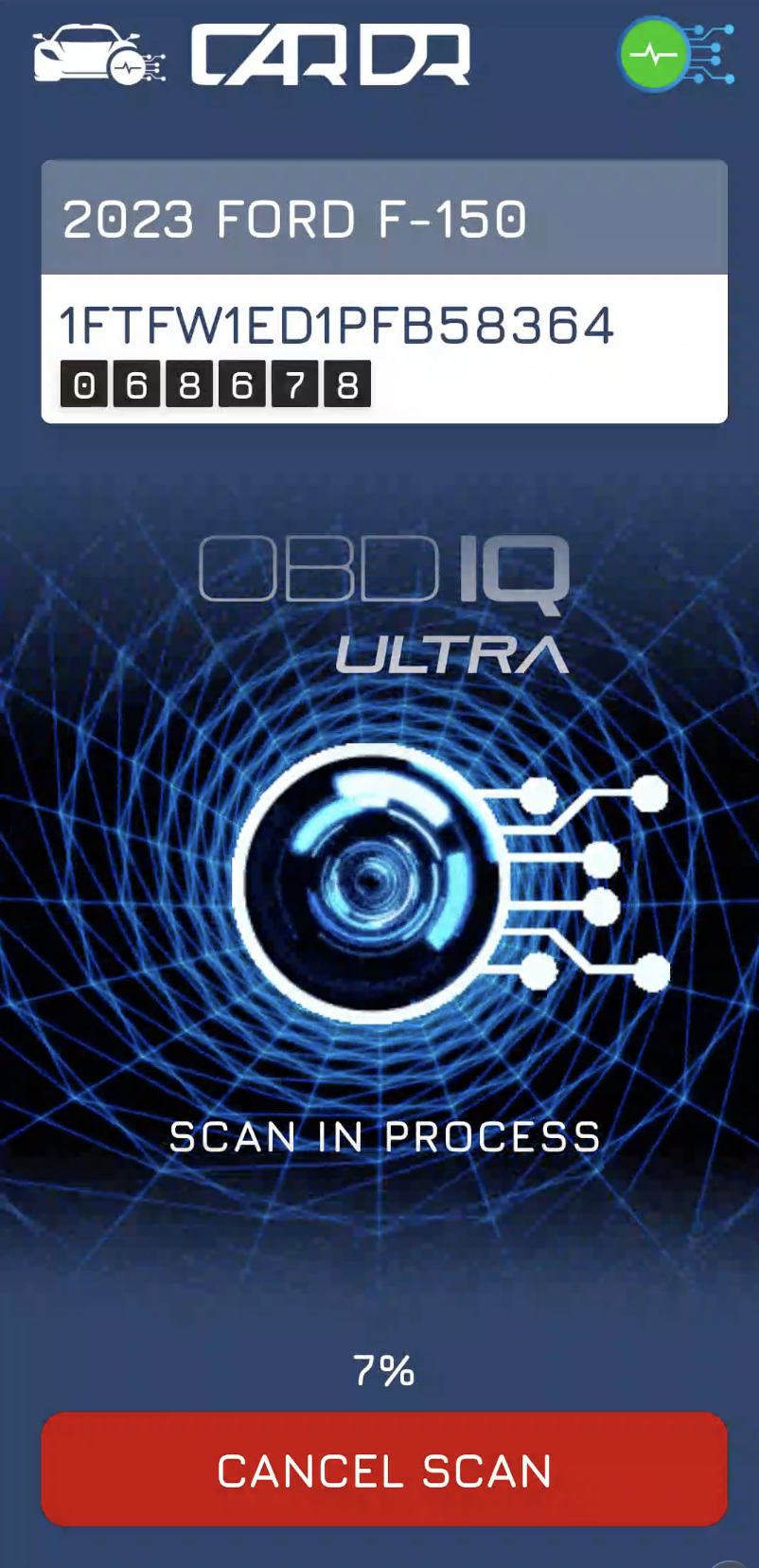 OBD IQ ULTRA scan in process with VIN and odometer decoded