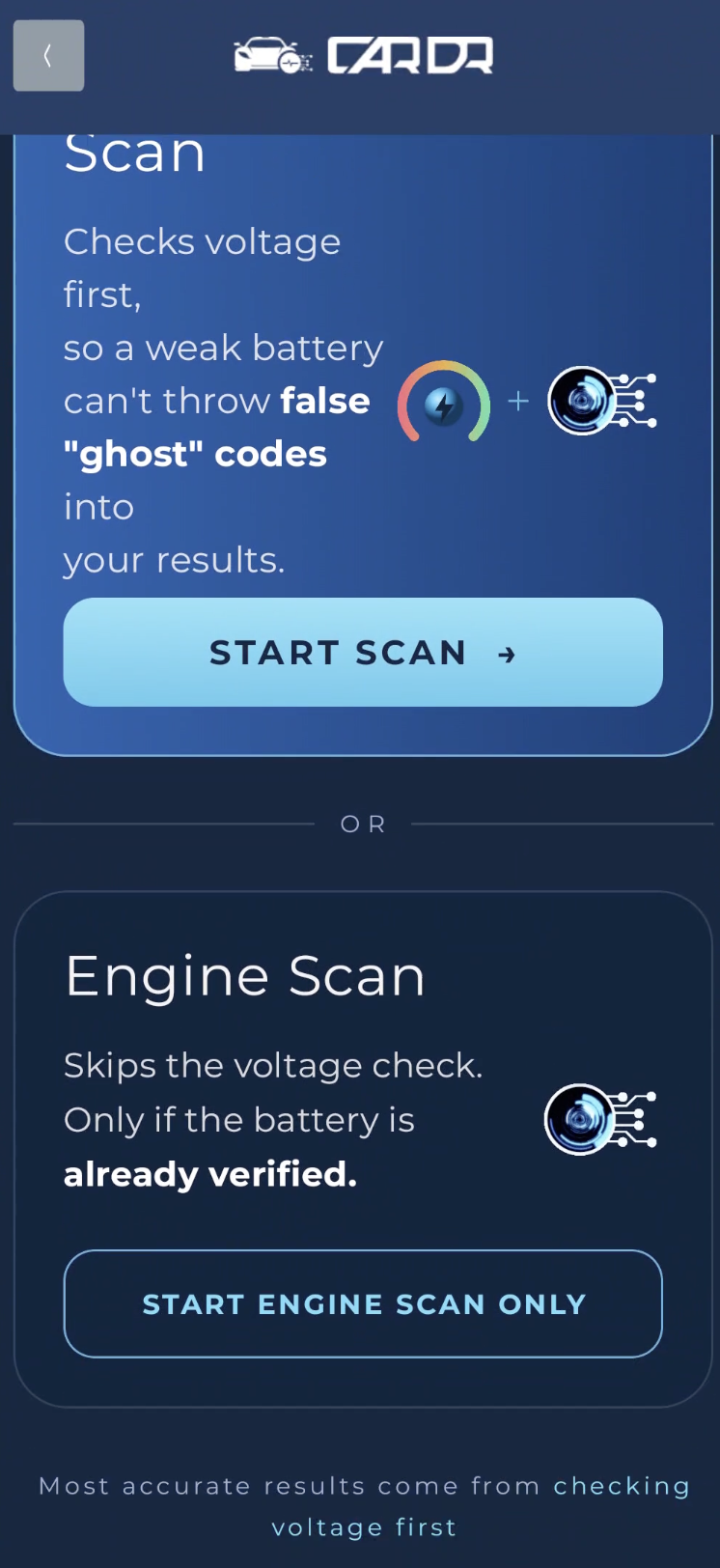 Choice between full scan with voltage check and engine-only scan