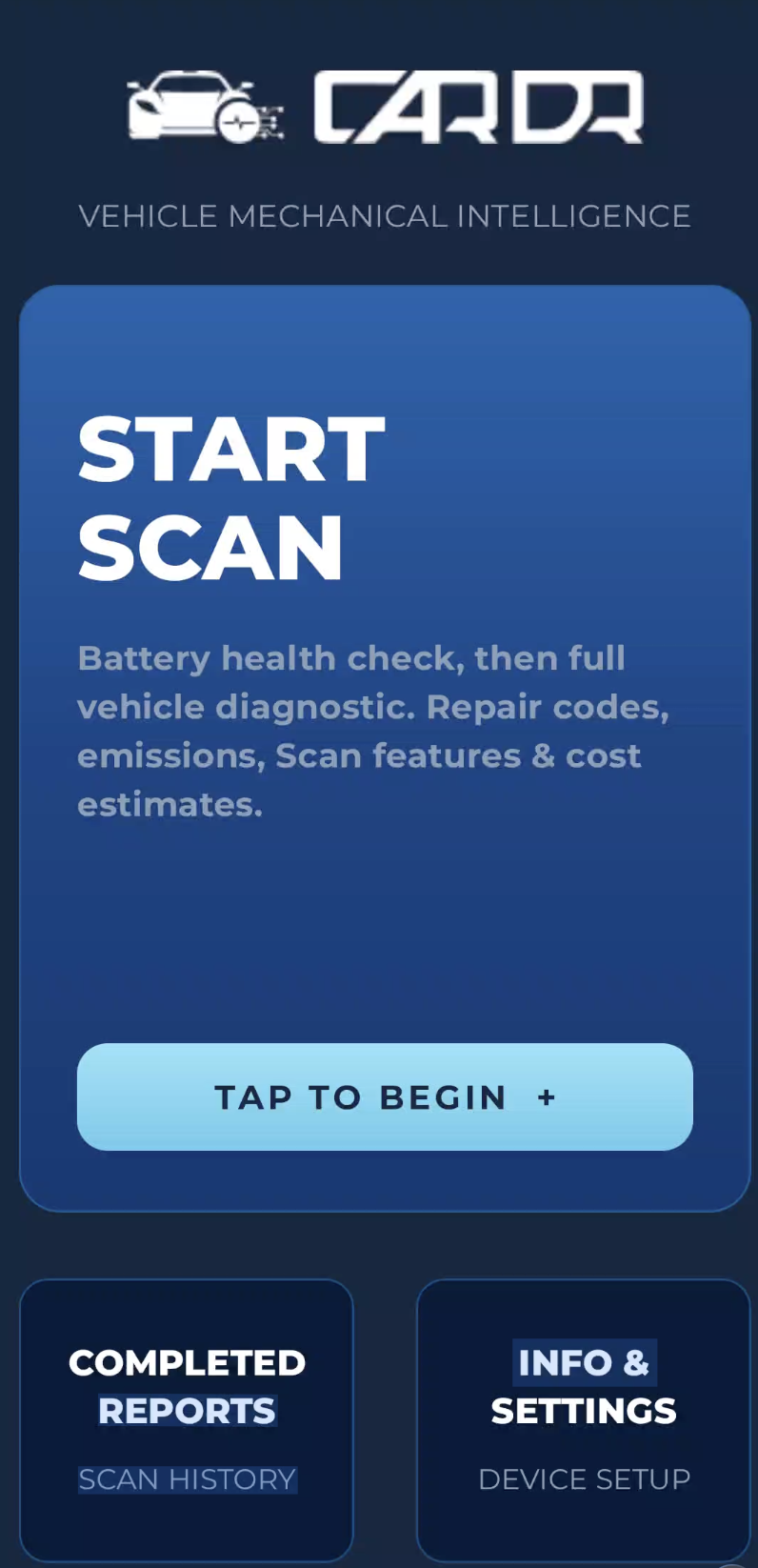 CarDr OBDIQ app home screen with Start Scan, Completed Reports and Info & Settings