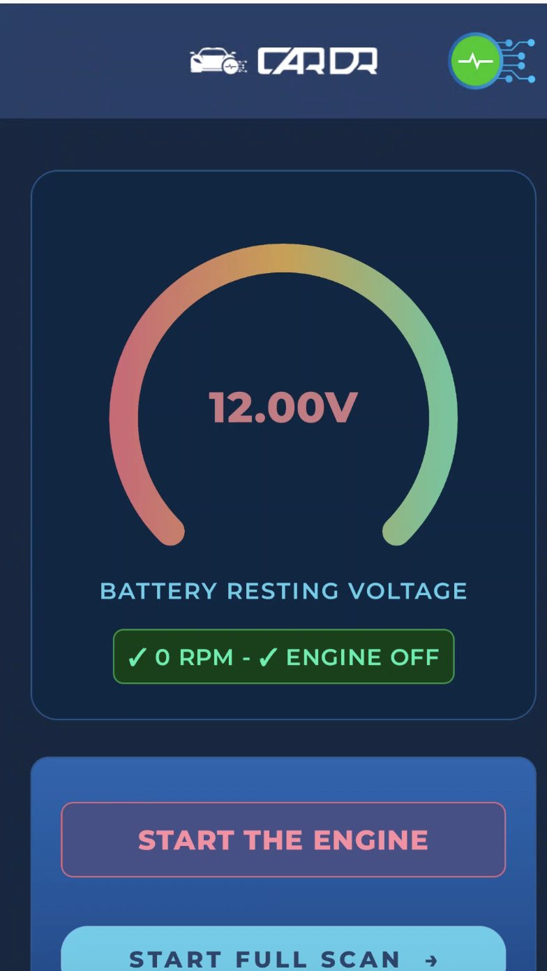 Battery resting voltage gauge reading 12.00 volts with engine off
