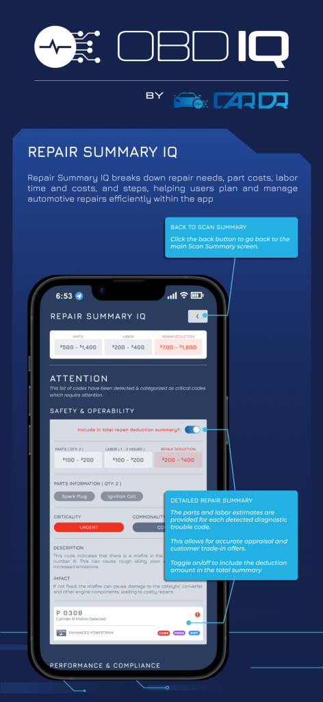 Repair Summary IQ screen with parts and labor cost estimates