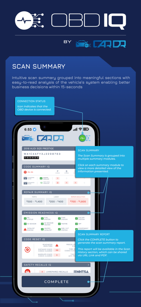 OBDIQ scan screen in the CarDr app